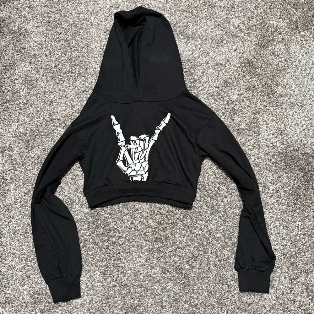 Shein Black Skelton graphic Hand Rock On Cropped Hoodie Size Small